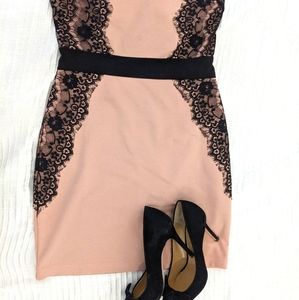 Nude and black lace trim dress
